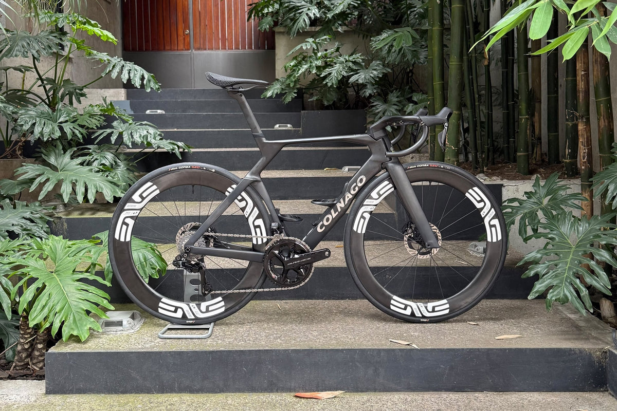 Colnago Y1RS Dark Series road build, drive-side profile, at Sundays Cycles
